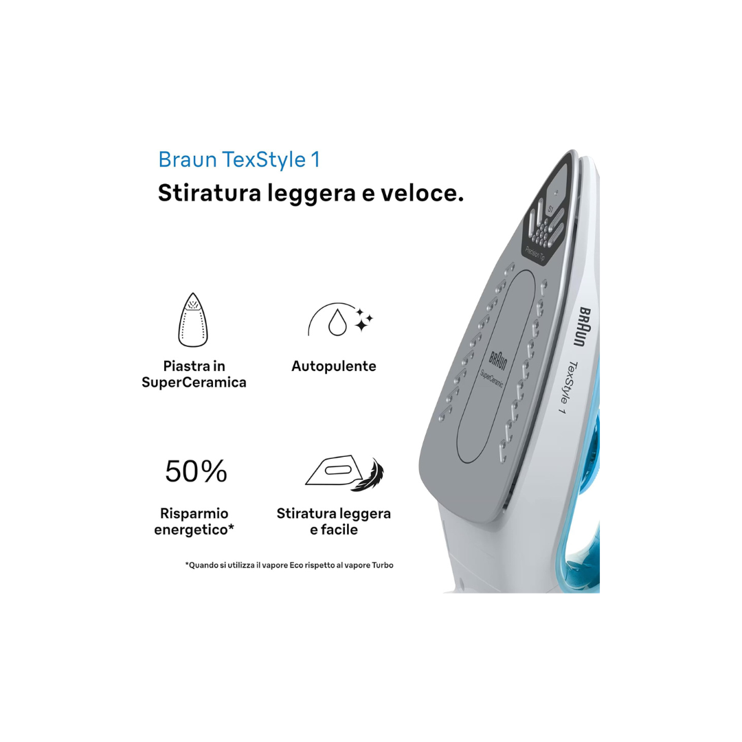 Braun Ferro Da Stiro TexStyle1, 2000W Piastra In Ceramica Mod.SI1050BL