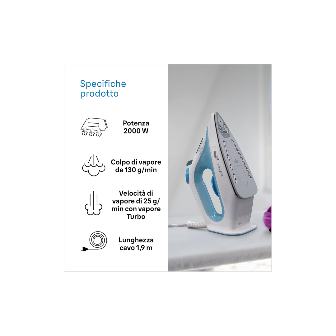 Braun Ferro Da Stiro TexStyle1, 2000W Piastra In Ceramica Mod.SI1050BL